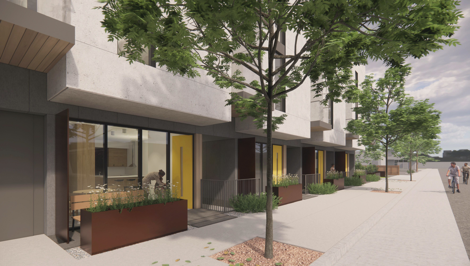 300 Lambert Avenue townhouse view with small patio, rendering by Hayes Group Architects