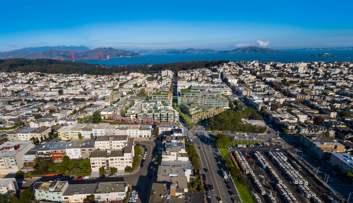 3333 California Street aerial view looking north toward Marin County and the Golden Gate Bridge
