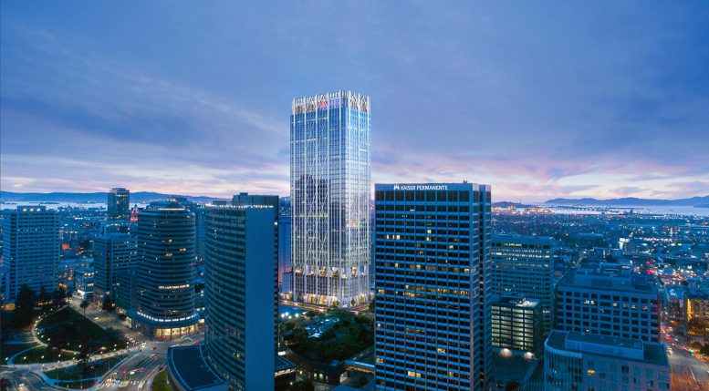 415 20th Street evening view along the Oakland downtown skyline, rendering from Hines