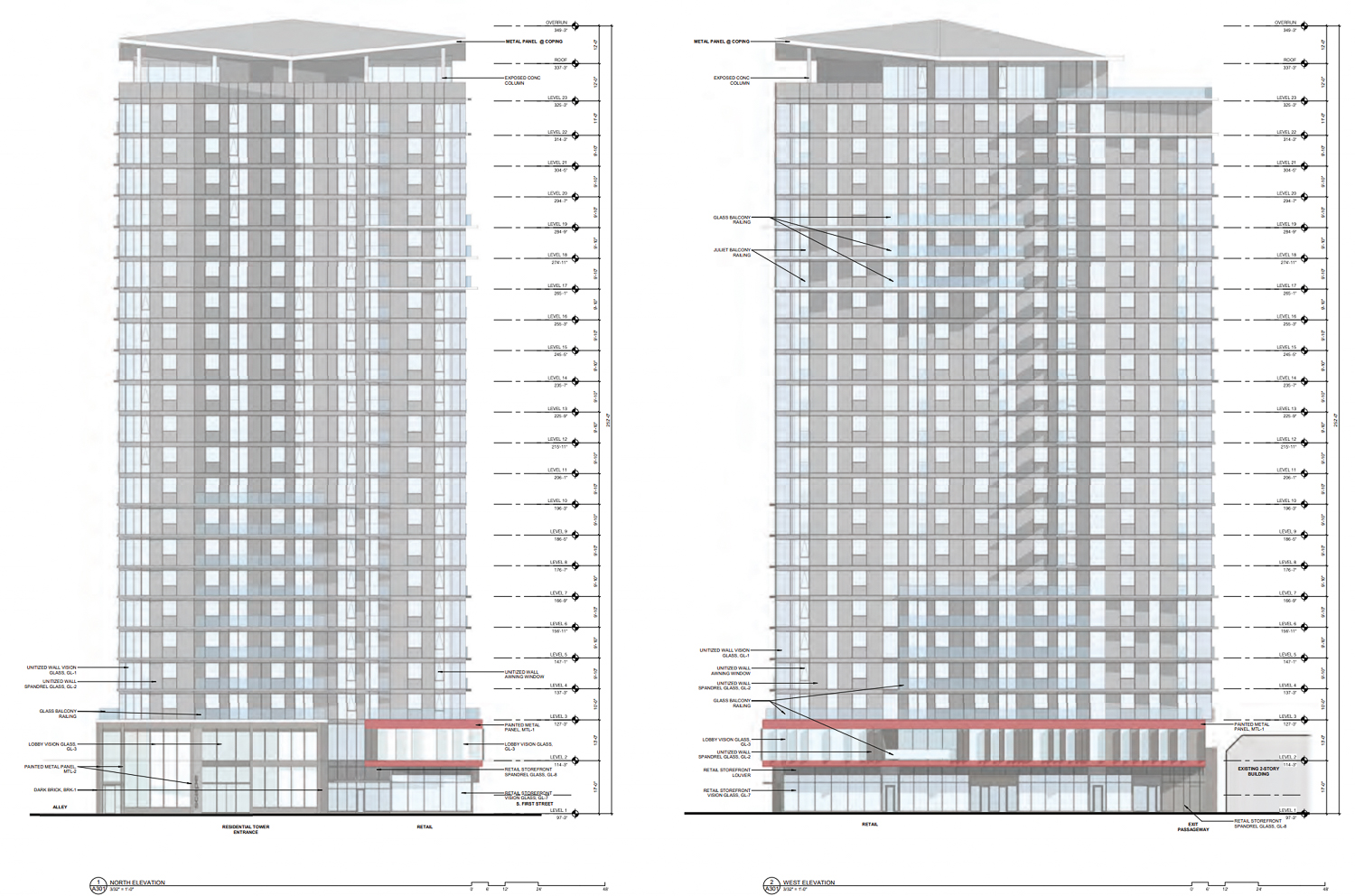 600 South 1st Street north and west elevations, illustration via C2K Architecture