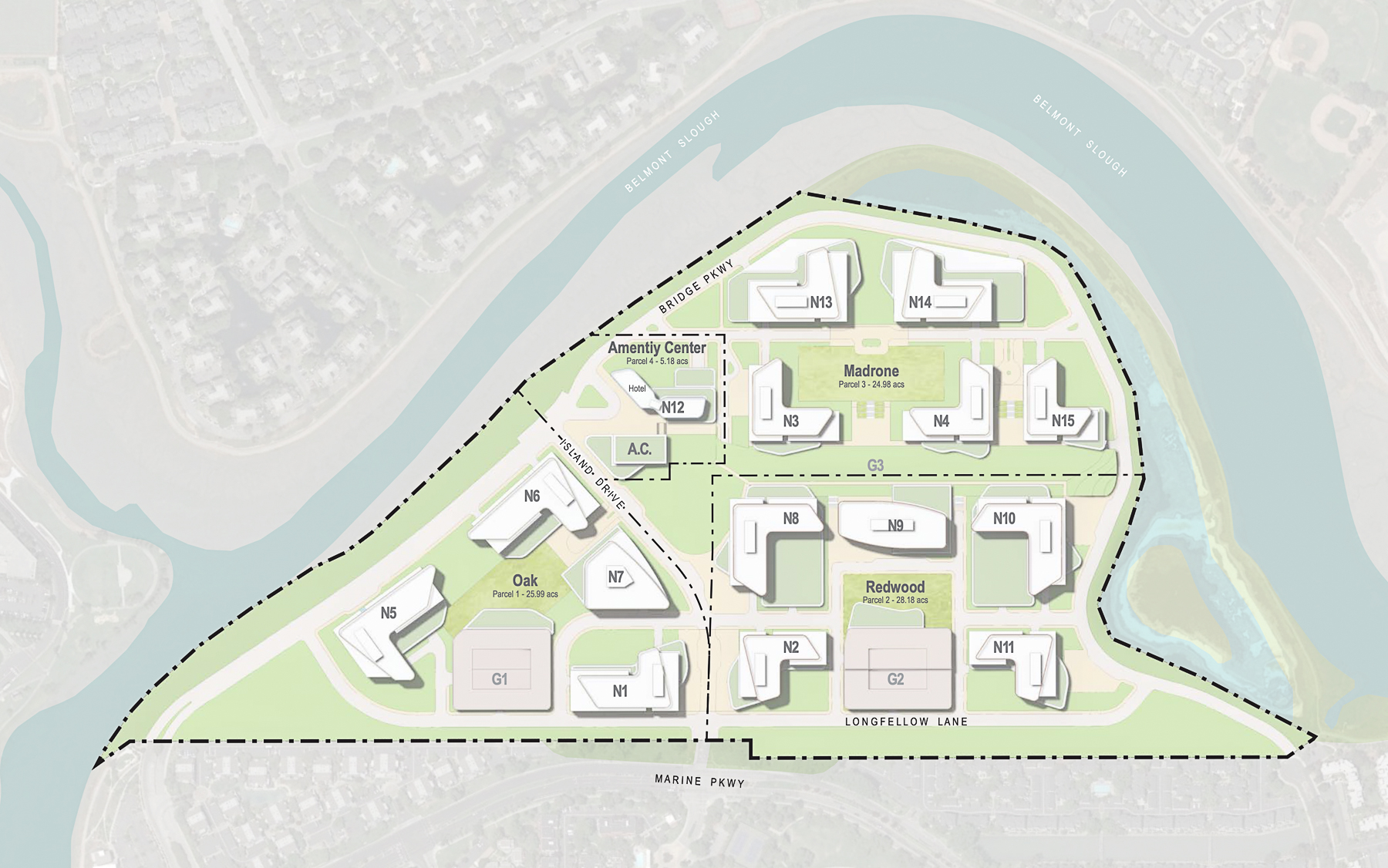 Bayshore Tech Park proposed parcel plan with districts labelled, design by HOK