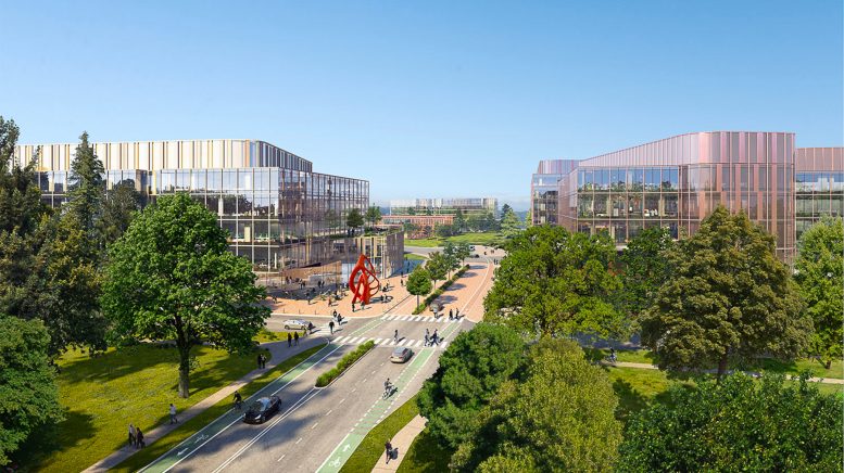 Bayshore Tech Park view of the main road artery entering the campus, design by HOK and rendering by TMRW