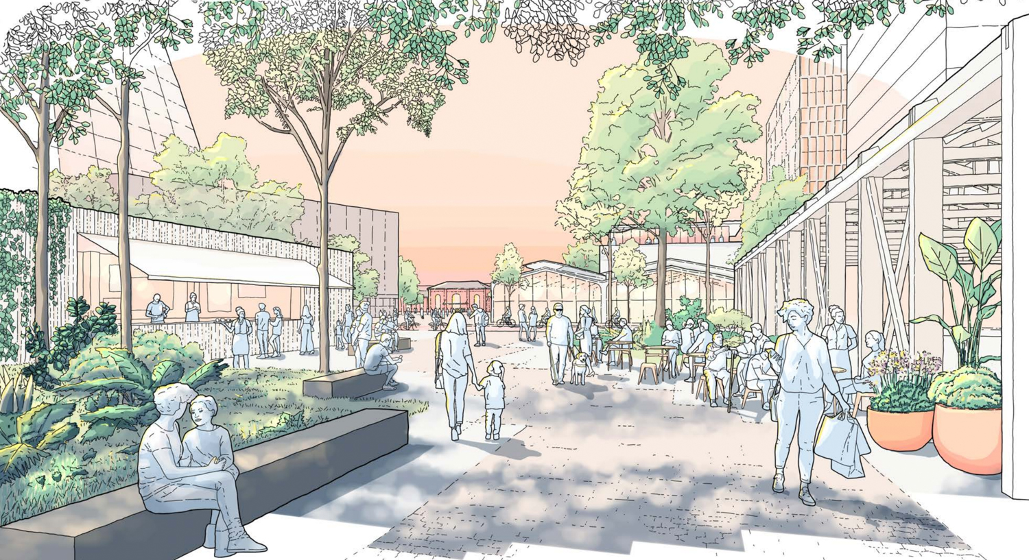 Downtown West concept retail and public space, illustration via San Jose Planning Department