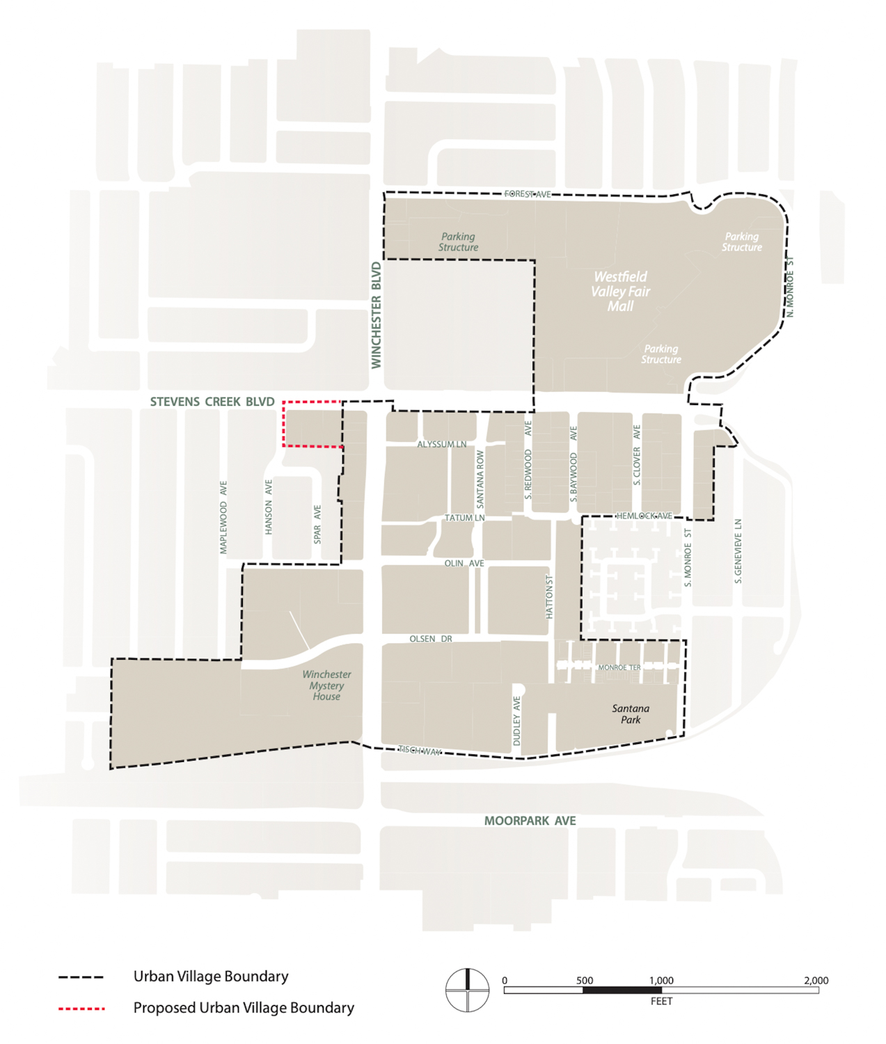 Santana Row/Valley Fair Urban Village map, image via the City of San Jose