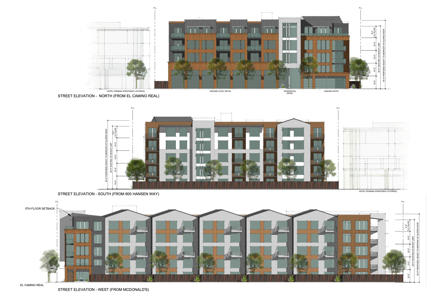 3150 El Camino Real facade elevations, rendering by Sherry Scott Architects