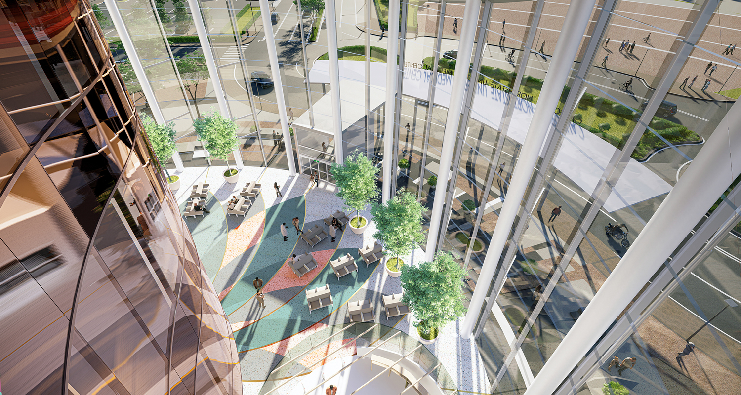 Looking down onto the lobby for the proposed California Northstate University hospital in Sacramento, design by Fong & Chang Architects