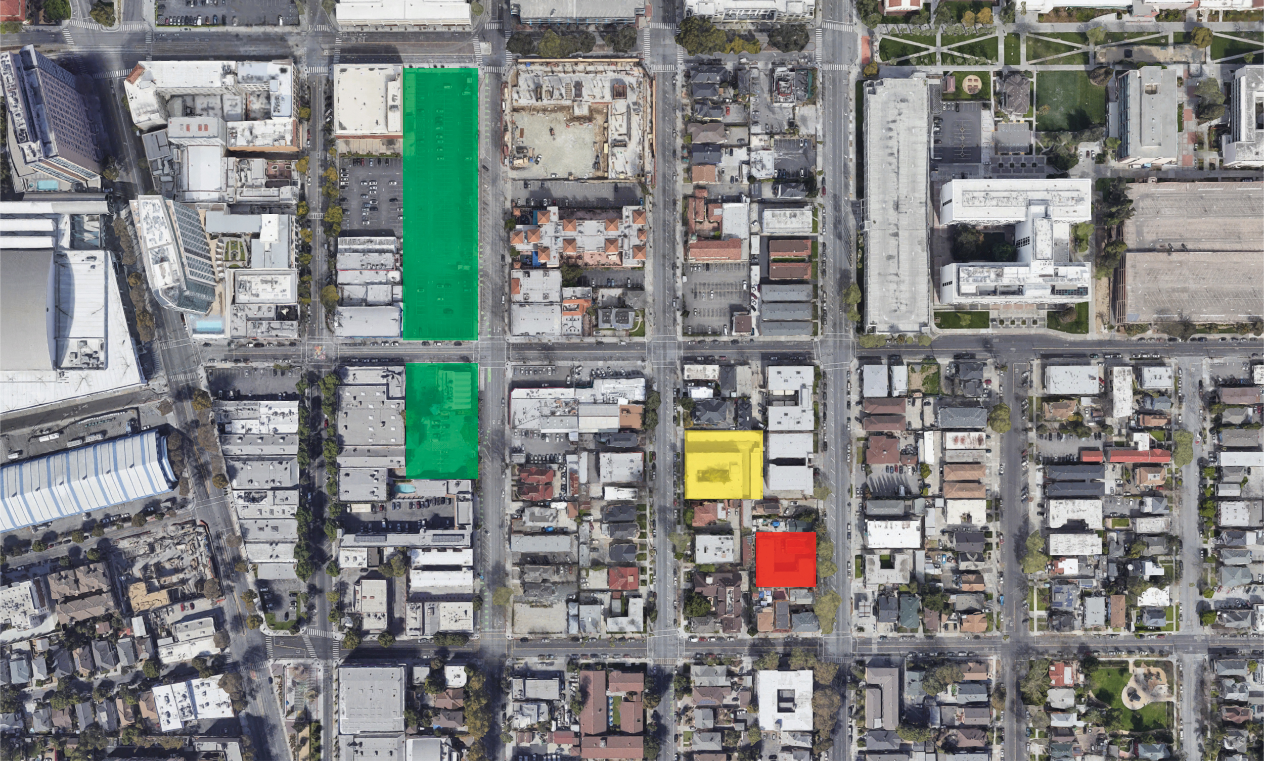 Map of development projects with 300 South 1st Street and 409 South 2nd Street highlighted green, 420 South 3rd Street highlighted in yellow, and 475 South 4th Street in red, image via Google Satellite