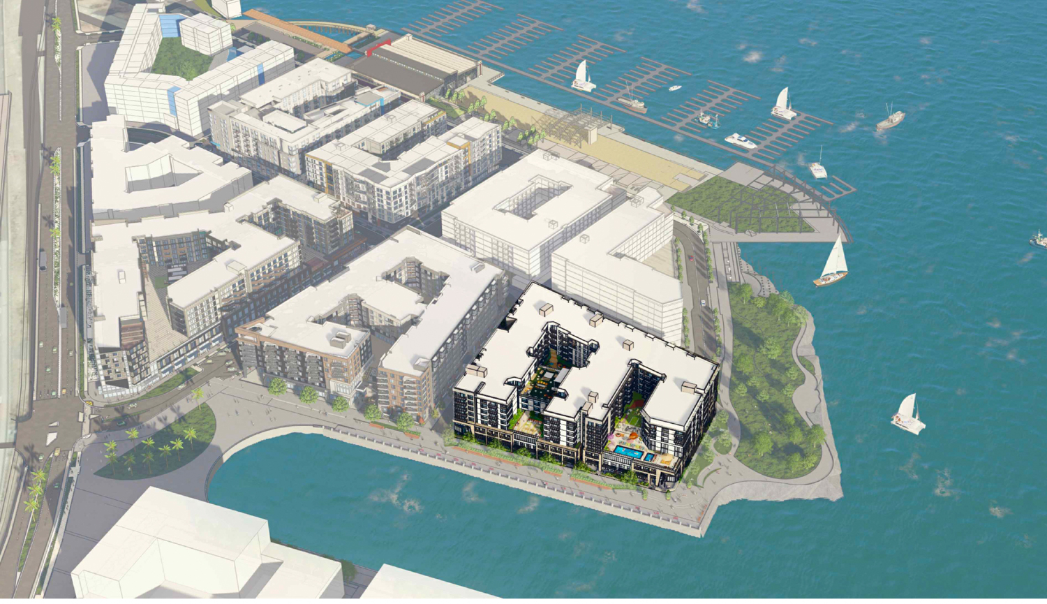 Parcel J at 37 8th Avenue in Brooklyn Basin aerial perspective, design by TSM Architects