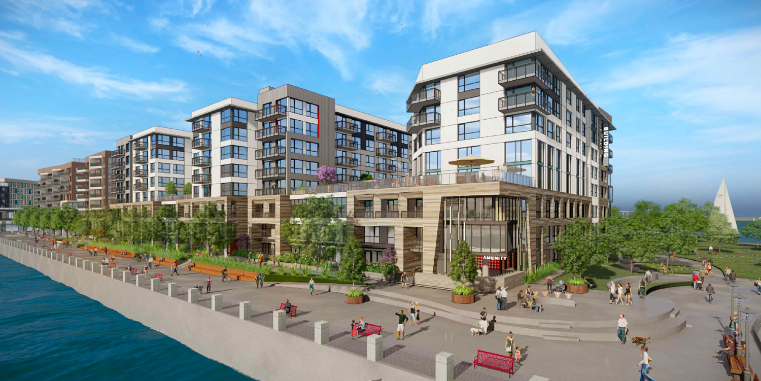 Parcel J at 37 8th Avenue in Brooklyn Basin view from the water, design by TSM Architects