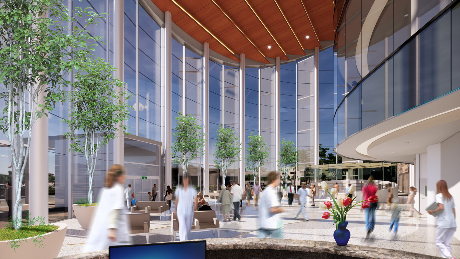 Rendered activity within the lobby of the California Northstate University proposed Natomas hospital, design by Fong & Chang Architects