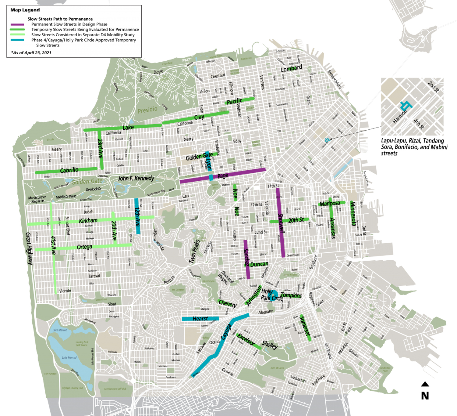 San Francisco slow streets map of streets potentially to be made permanent, map via SFMTA