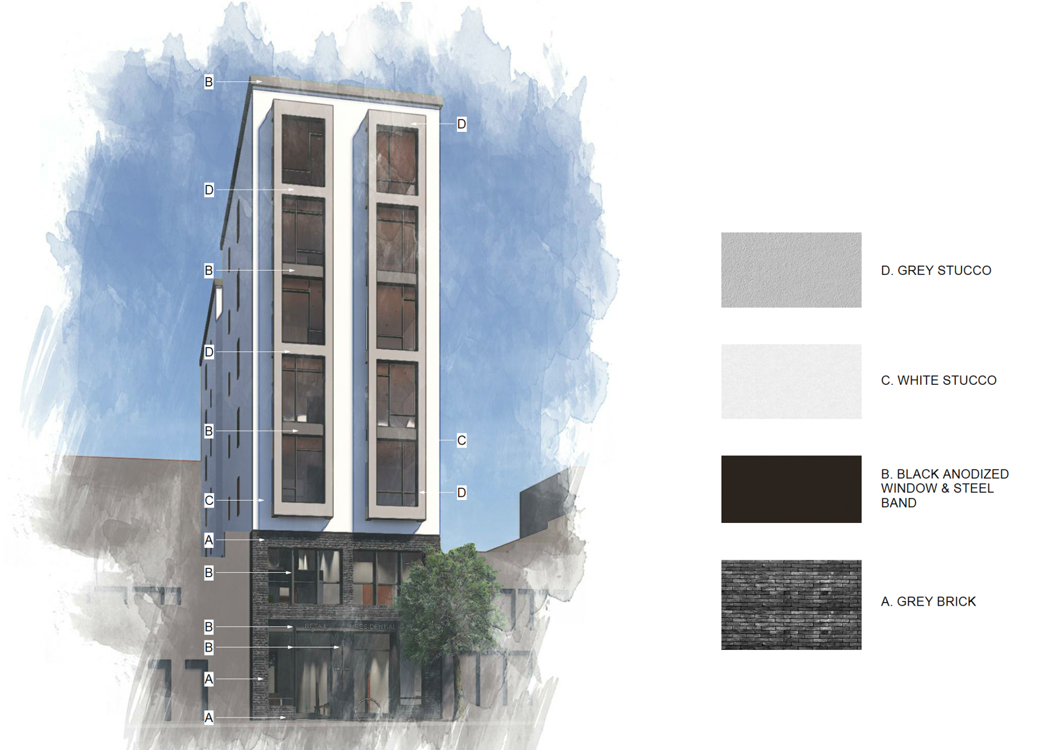 159 Fell Street material board, rendering by Winder Gibson Architects