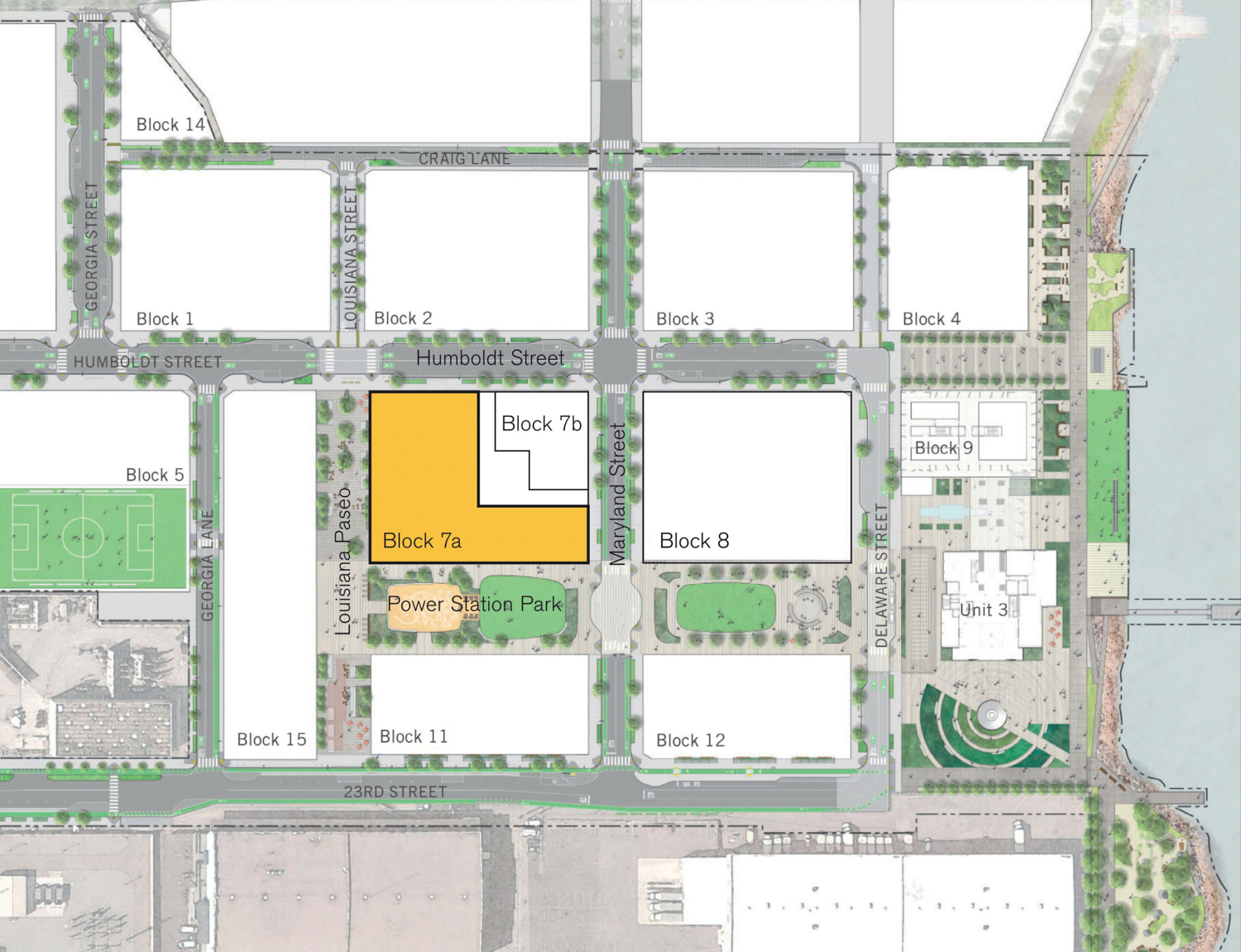 Potrero Power Station site map, with Block 7A highlighted in yellow, illustration by Foster + Partners
