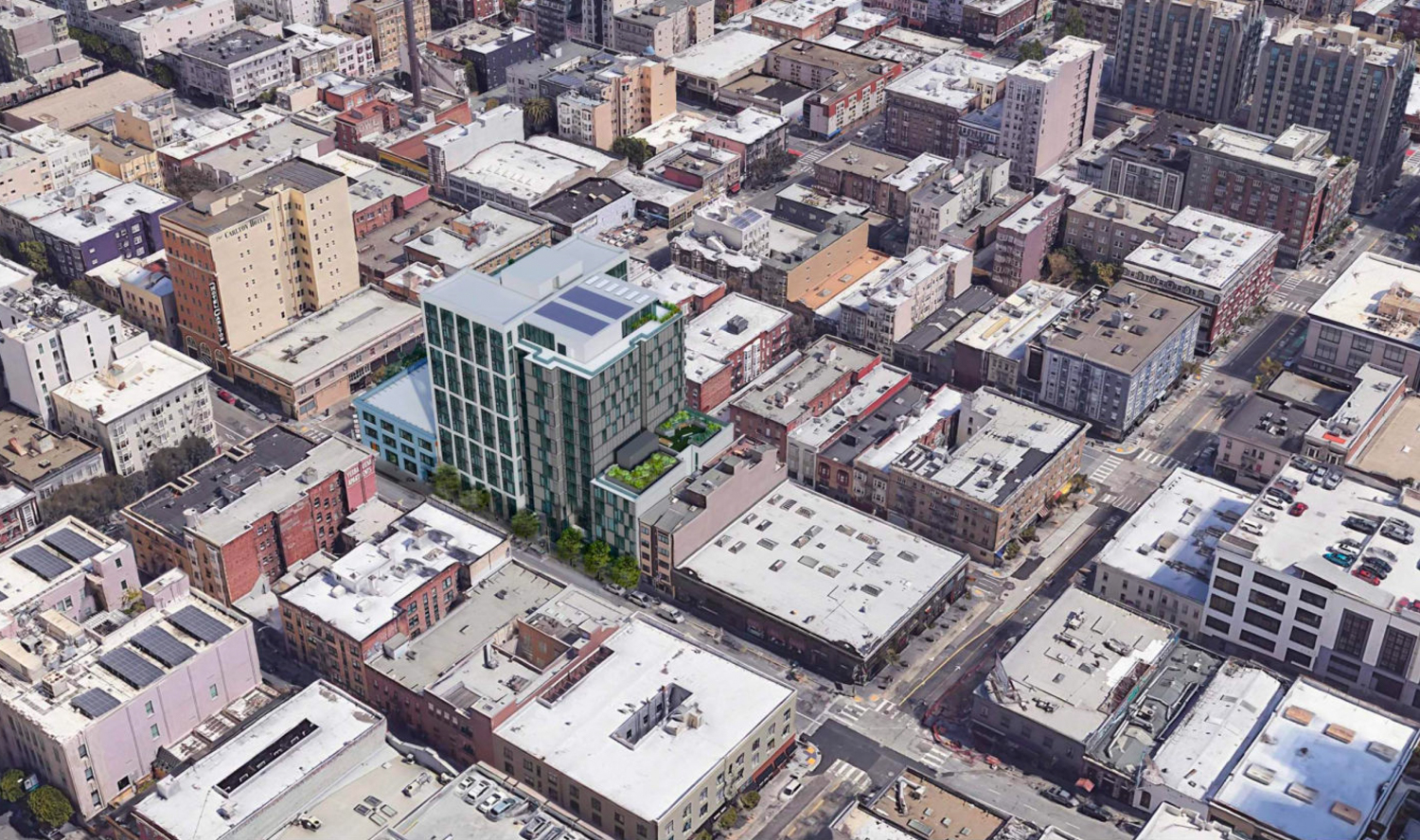 1101-1123 Sutter Street aerial perspective, rendering by David Baker Architects