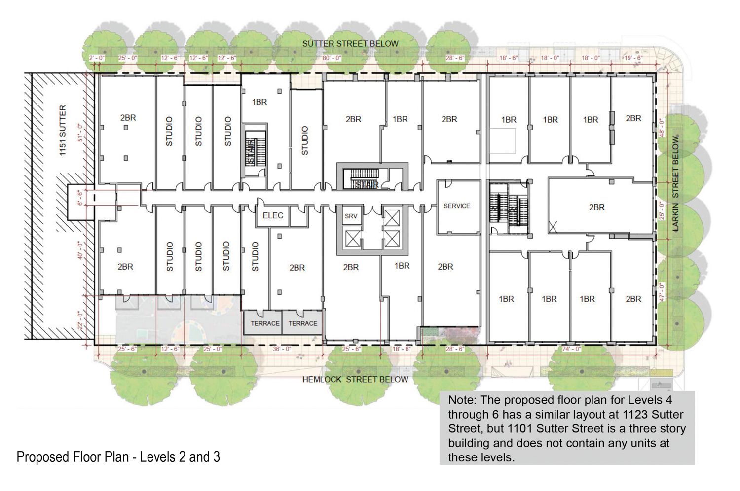 1101-1123 Sutter Street floor plan, elevation by David Baker Architects