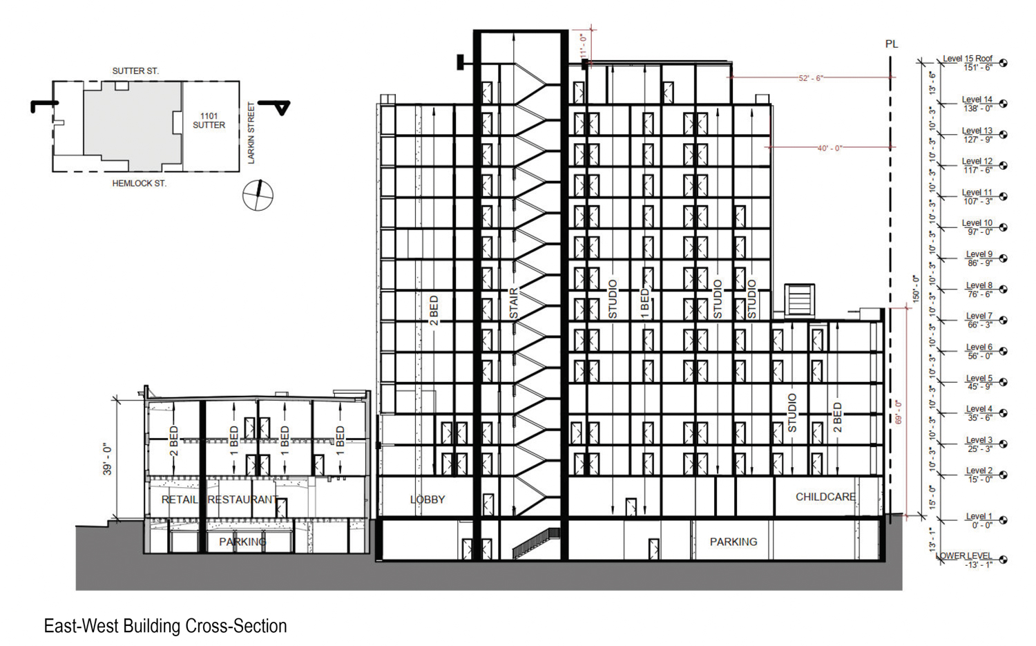 1101-1123 Sutter Street vertical elevation, design by David Baker Architects