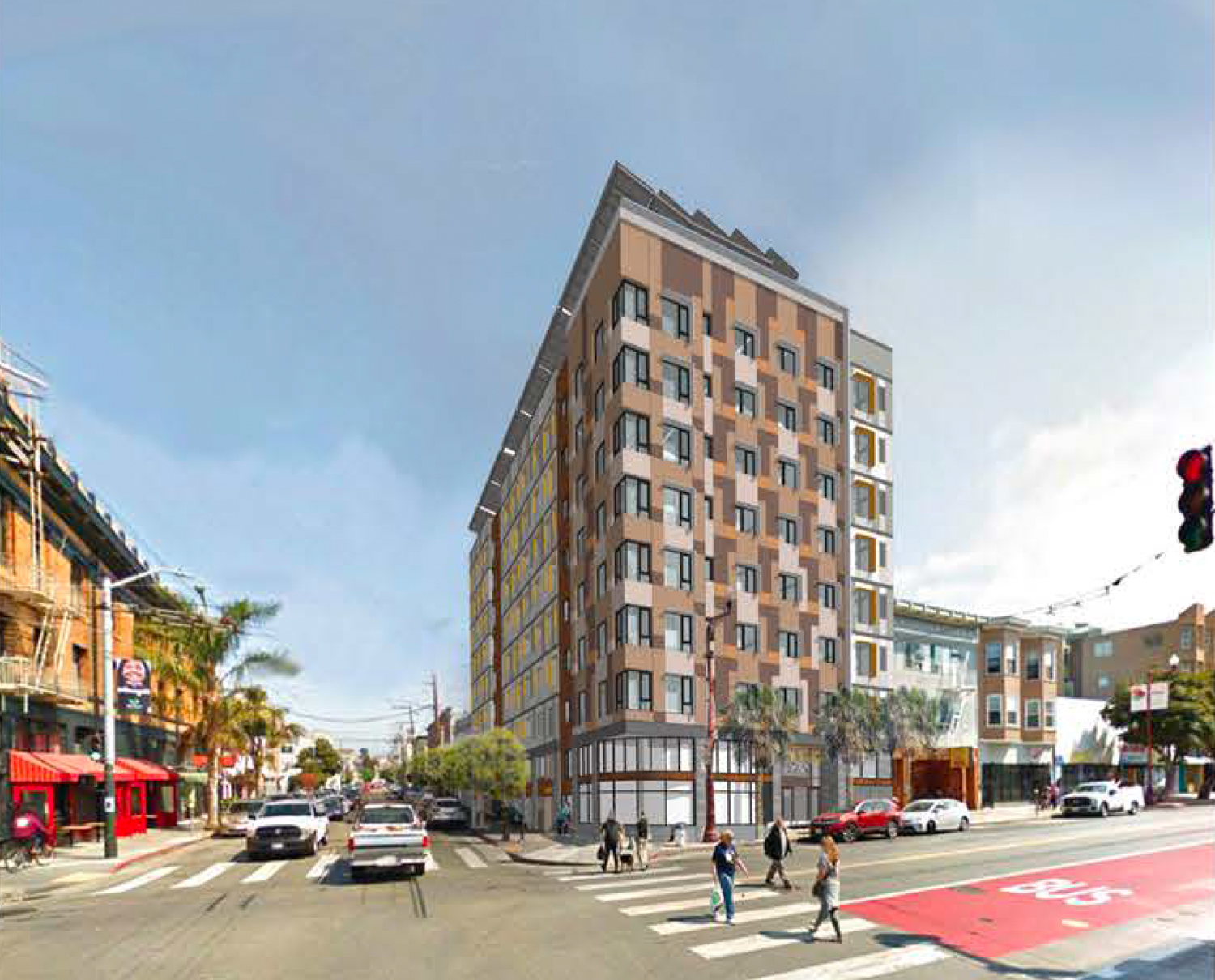 2205 Mission Street view at the intersection of 18th and Mission, rendering by Gelfand Partners Architects