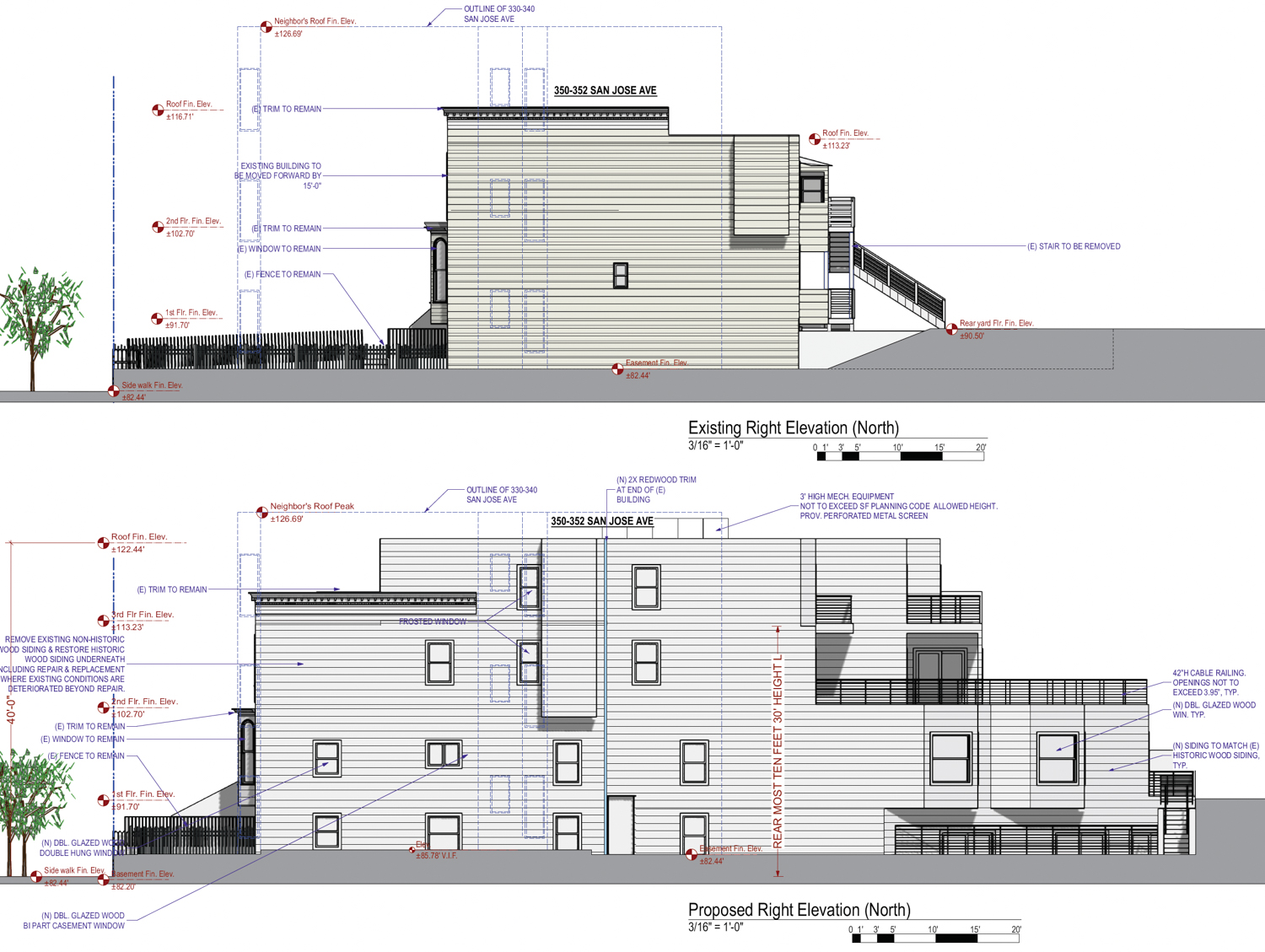 350 San Jose Avenue proposed project compared with the existing condition, elevation by SIA Consulting