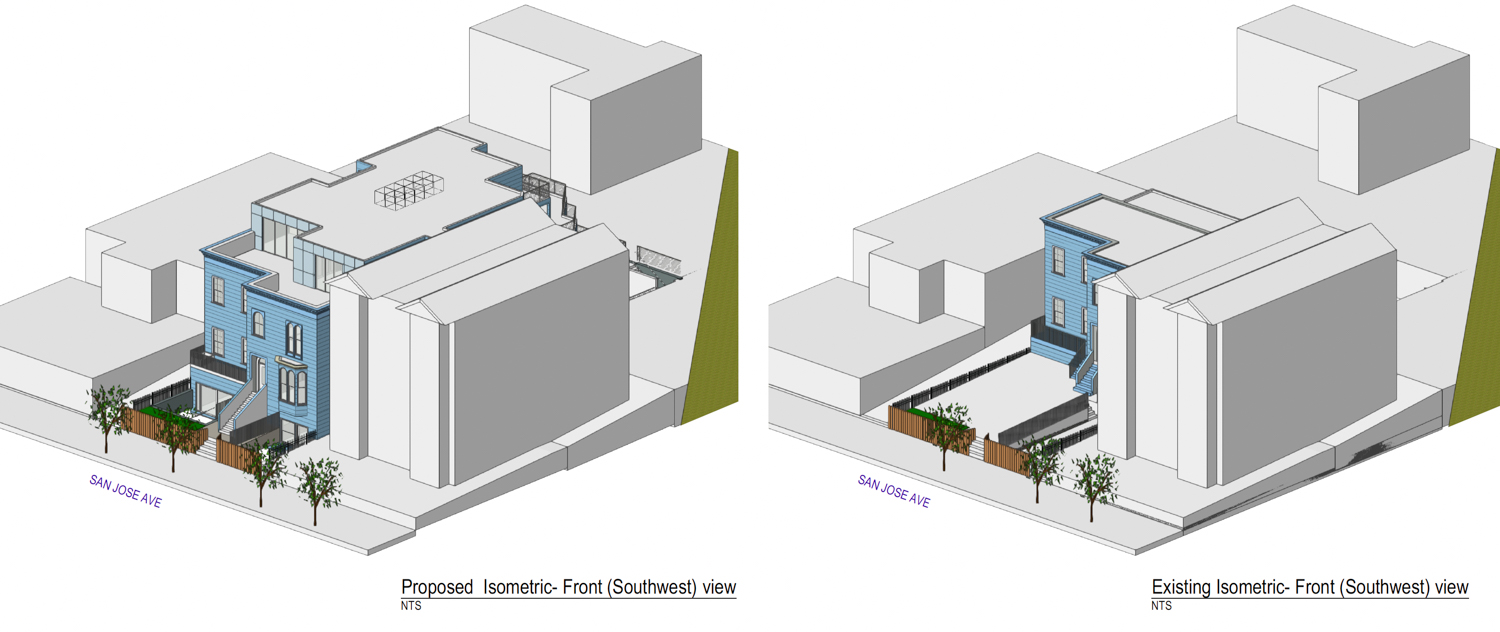350 San Jose Avenue proposed view compared with the existing condition, isometric illustration via SIA Consulting