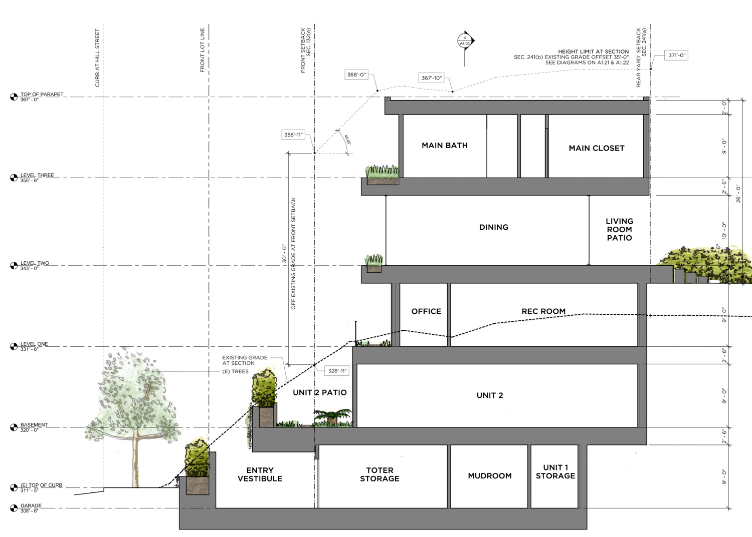 376 Hill Street vertical cross-section, rendering by Marmol Radziner Architect