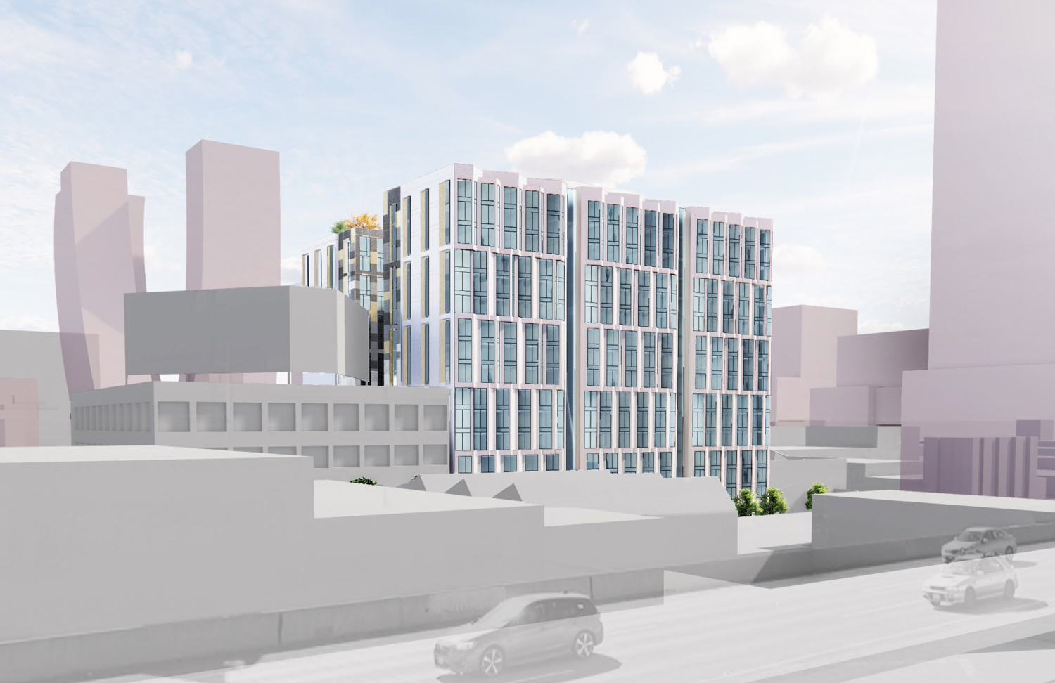 555 Bryant Street with the twisting 665 Fourth Street proposal illustrated in the background, rendering by Solomon Cordwell Buenz