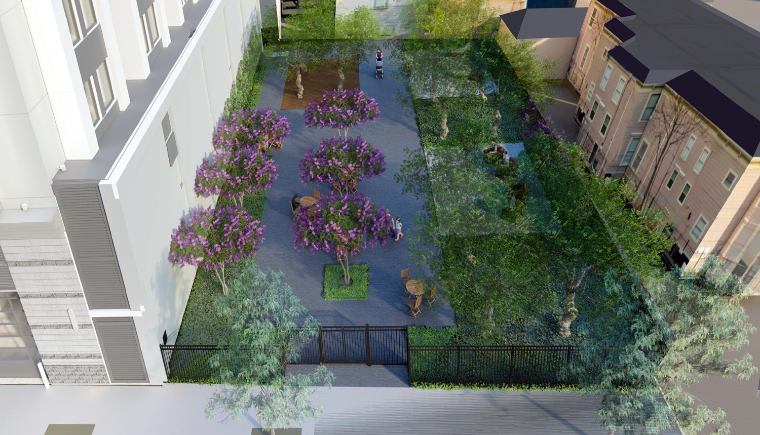 Aerial view of the proposed garden to replace the parking garage in the Marriott at 1431 Jefferson Street, design by Stanton Architecture