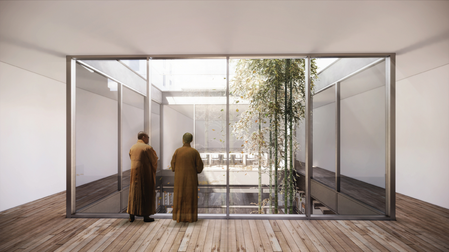 Interior courtyard of the new American Buddhist Cultural Society rendering for 1750 Van Ness Avenue, design by Skidmore, Owings & Merrill