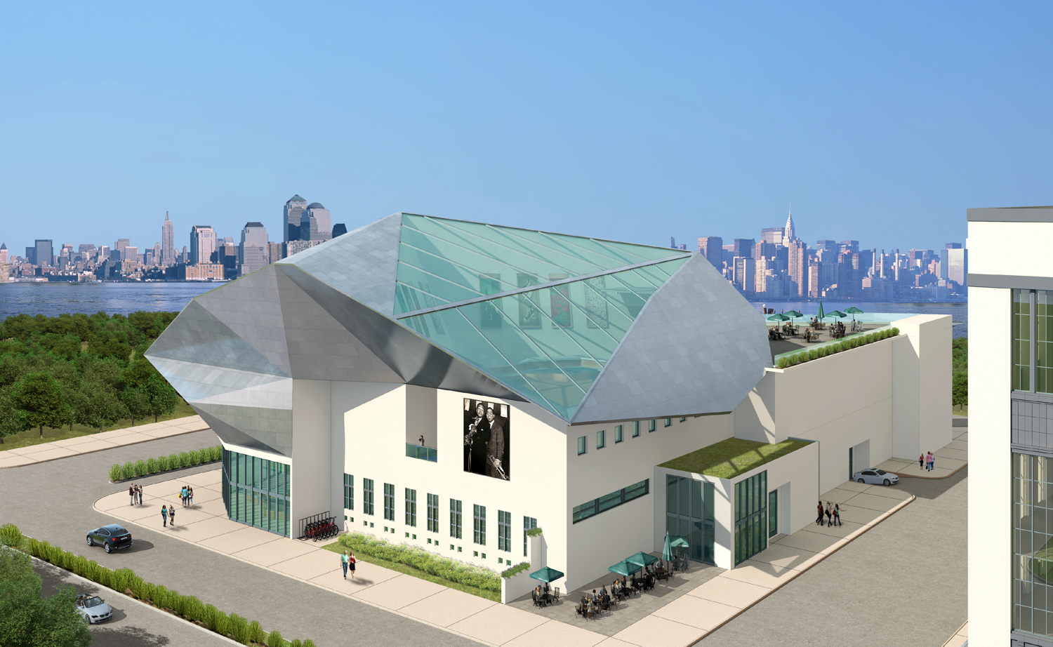 Museum of Jazz and Art at 1310 Oak Street set to a composite background image of downtown and Midtown Manhattan, rendering by Allen Architectural Engineer