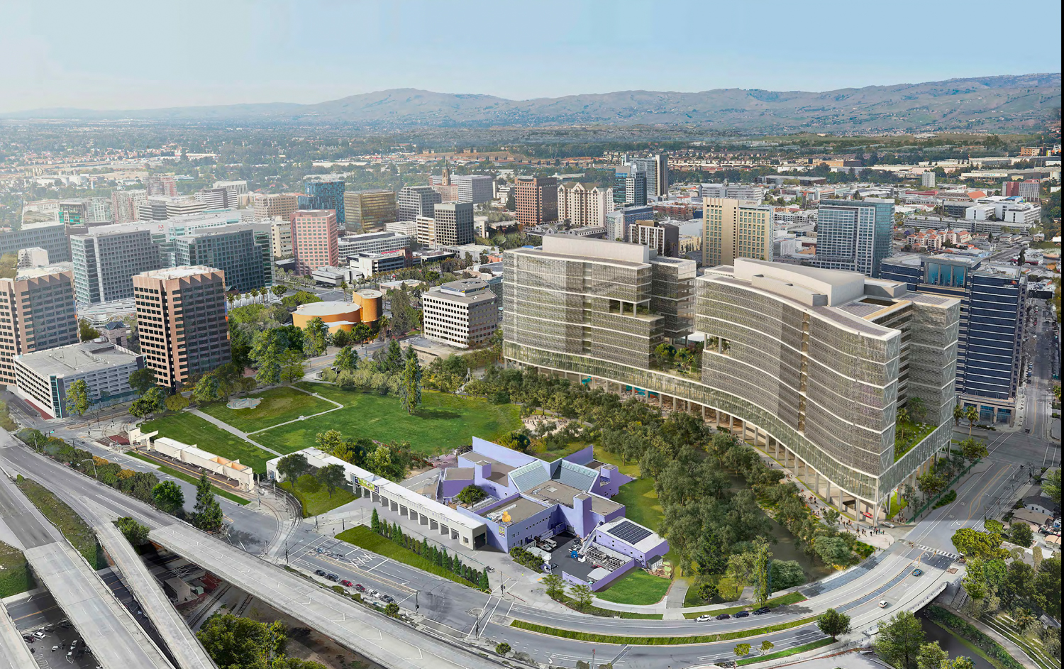 South Almaden Offices aerial view facing downtown San Jose, design by Kohn Pedersen Fox