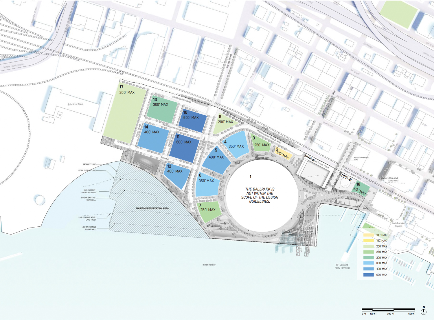 Howard Terminal Ballpark building heights in the Maritime Reservation Scenario, architecture by Bjarke Ingels Group