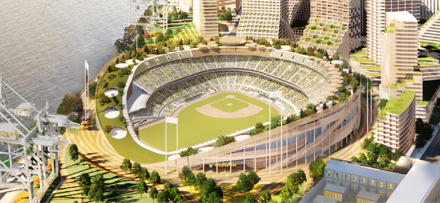 Howard Terminal Ballpark concept view from seating, architecture by Bjarke Ingels Group