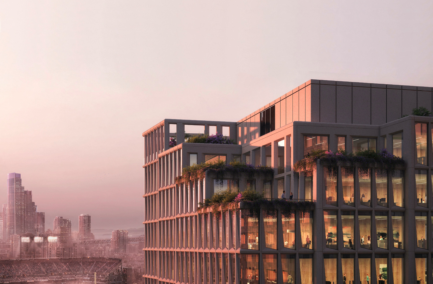 Mission Rock Block G pinnacle view at dusk, design by Henning Larsen Architects