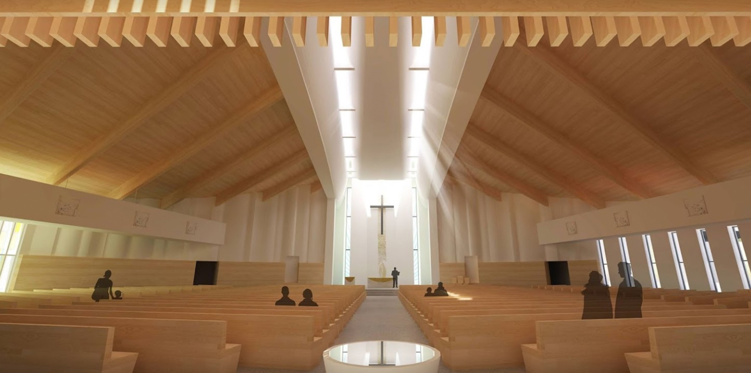 OLLV Church interior main auditorium, rendering by SIM Architects
