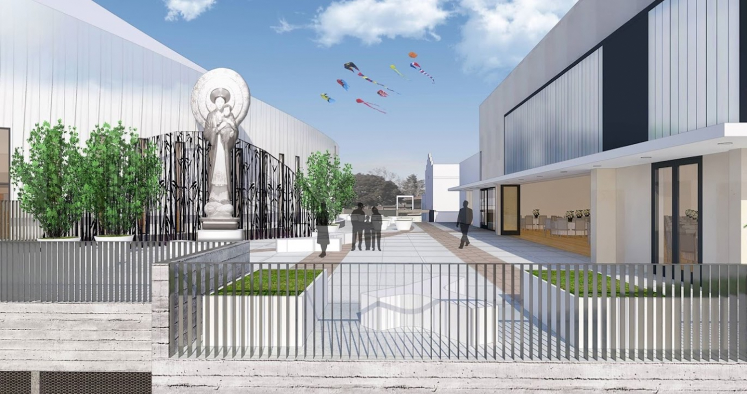OLLV Church outdoor courtyard, rendering by SIM Architects