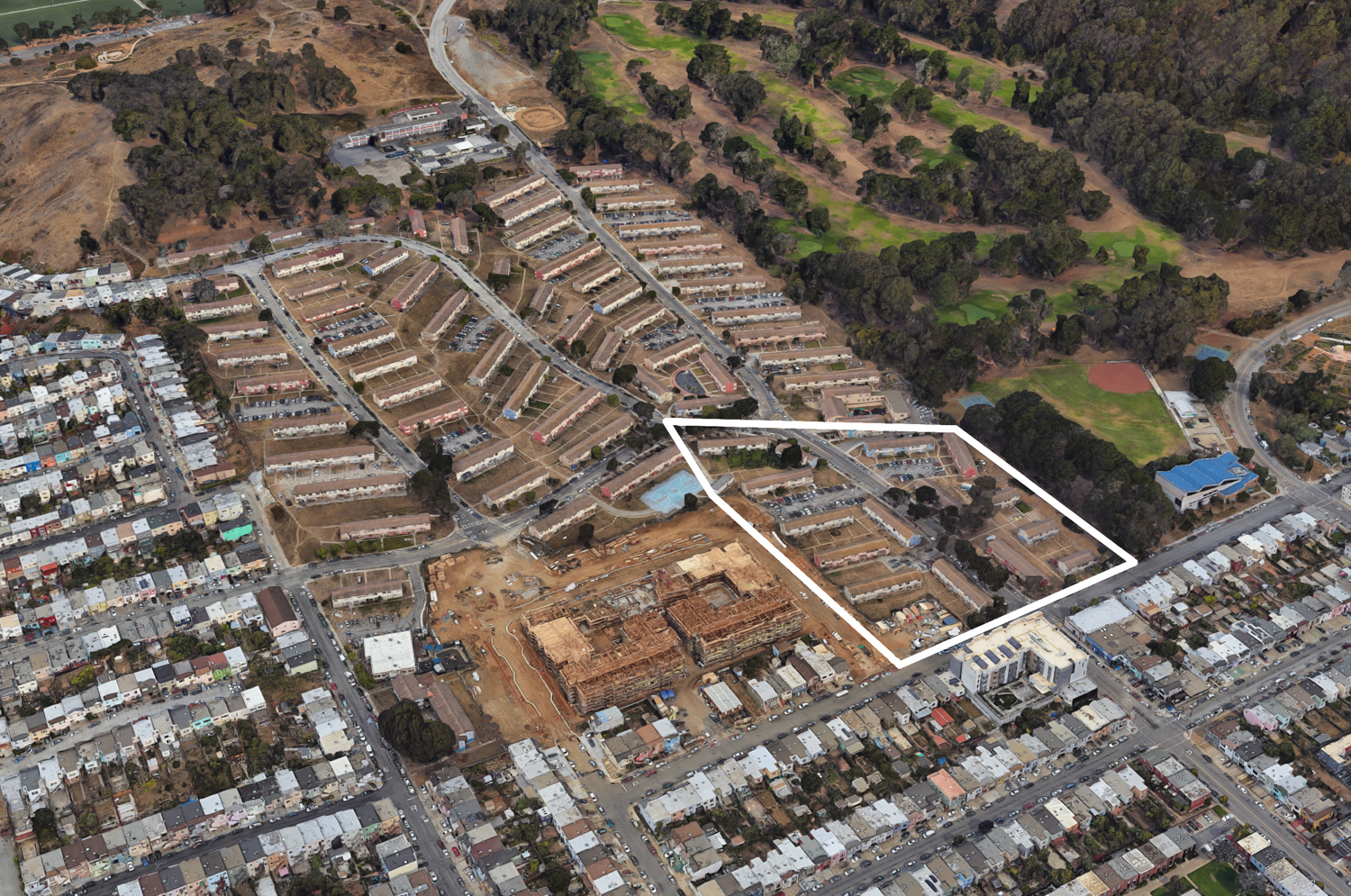Sunnydale Avenue site demolition sites roughly outlined, image via Google Satellite