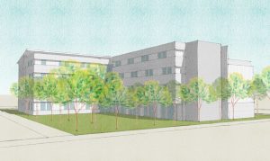 The Mitchell Project at 525 East Charleston Road viewed over the courtyard, rendering by OJK Architecture