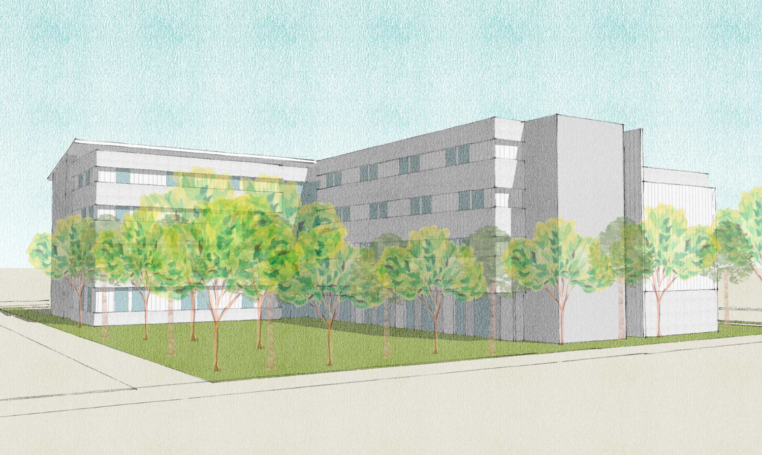 The Mitchell Project at 525 East Charleston Road viewed over the courtyard, rendering by OJK Architecture