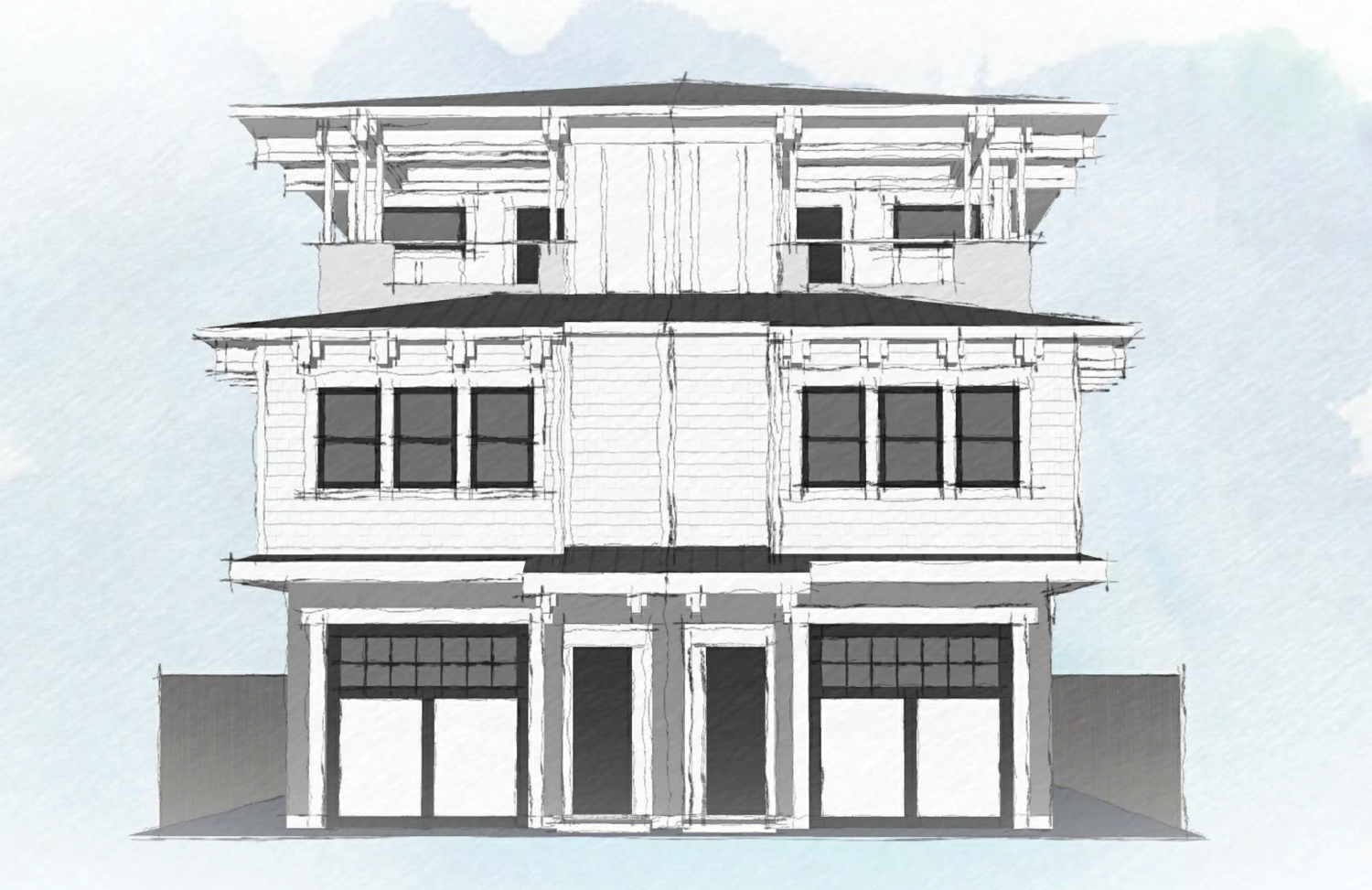 1513 Eggplant Alley and 1515 Eggplant Alley front elevation, rendering by Hausman Architecture