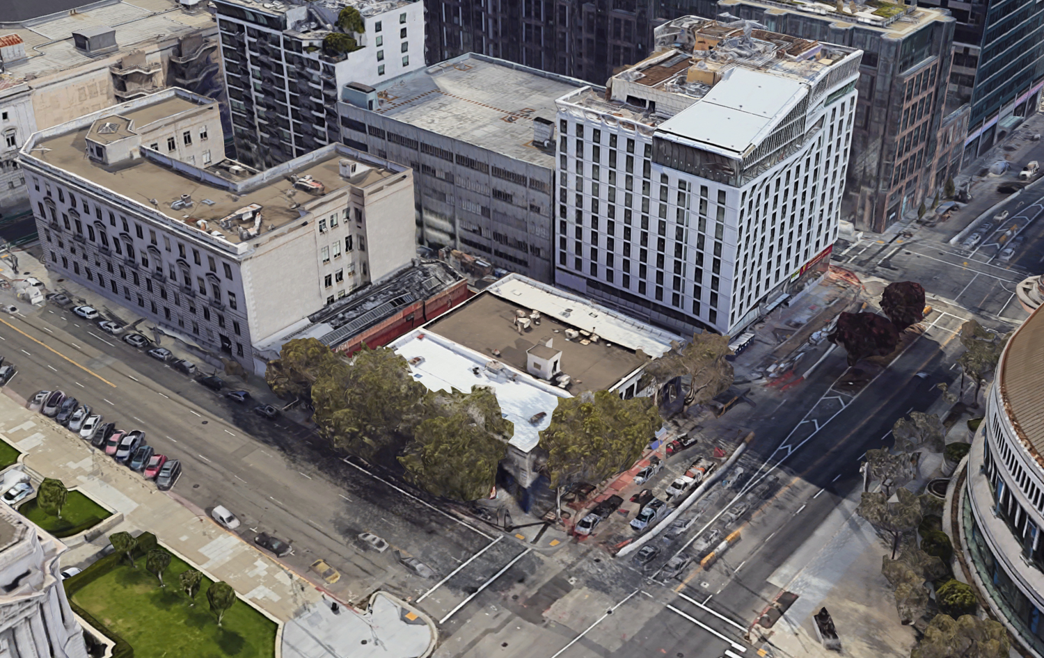 155 Grove Street, 234 Van Ness, and 240 Van Ness beside 200 Van Ness and the San Francisco Department of Public Health building, image via Google Satellite