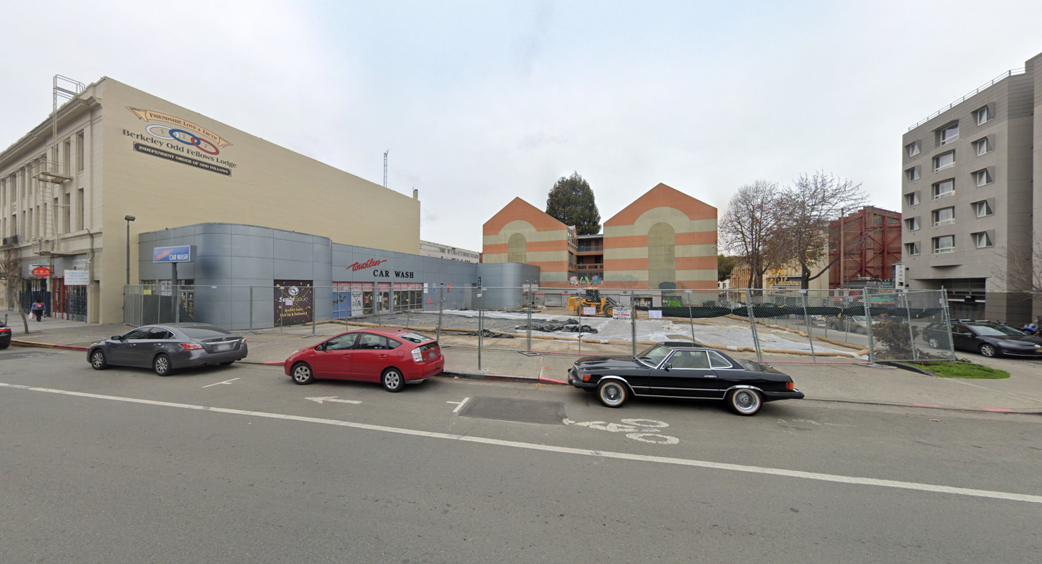 2176 Kittredge Street and the office building at 2150 Kittredge (the striped salmon and pale beige building in the background), image via Google Street View