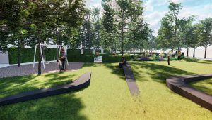 2300 Calle De Luna publicly accessible Great Lawn, rendering by Steinberg Hart