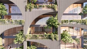 420 South 2nd Street Tower B facade close-up, rendering by RMW Architecture