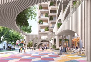 420 South 2nd Street tower A and B pedestrian perspective of retail space, rendering by RMW Architecture