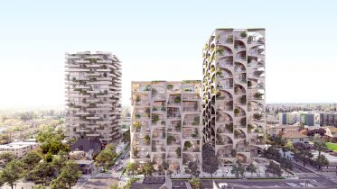 420 South 2nd and 3rd Street aerial view with Tower C to the left, and Tower A & B in the center, rendering by RMW Architecture