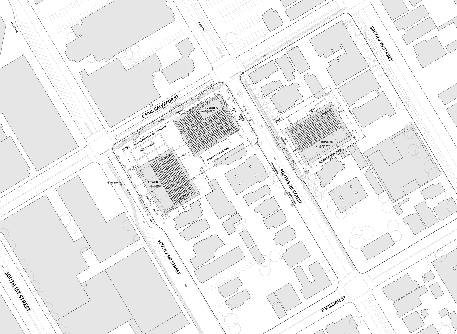 420 South 2nd and 3rd Street three-tower site map, illustration by RMW Architecture