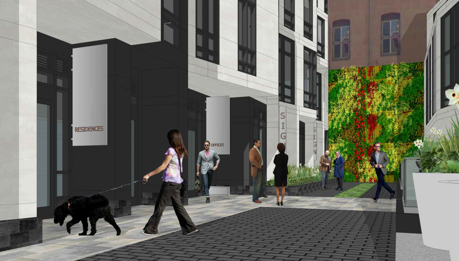 425 Broadway residential and office lobby view with landscaping in Verdi Alley, rendering by Ian Birchall & Associates