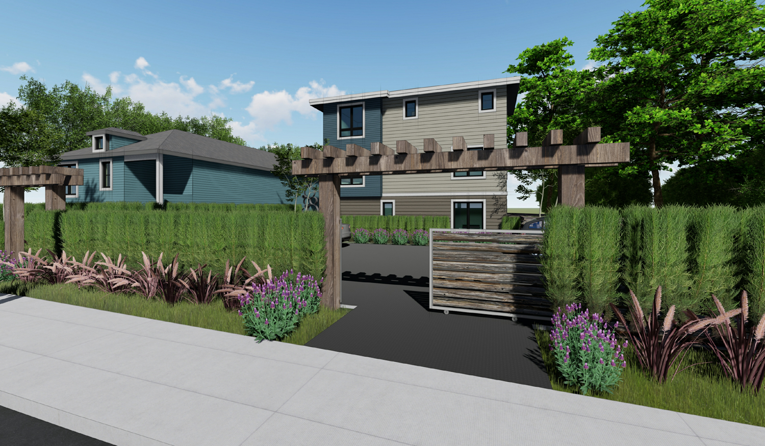 5527 Vicente Way view of the garage entry, rendering by Left Coast Architecture