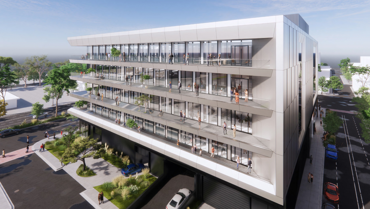 Aerial perspective of the balconies on Cityline Sunnyvale Building B at 300 South Mathilda Avenue, design by Gensler