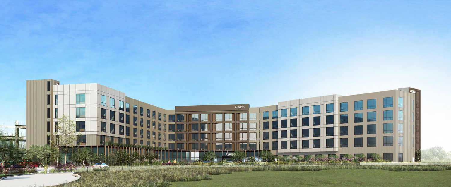 Alviso Hotel Project at 4701 North First Street full building view, rendering by CORBeL Architects