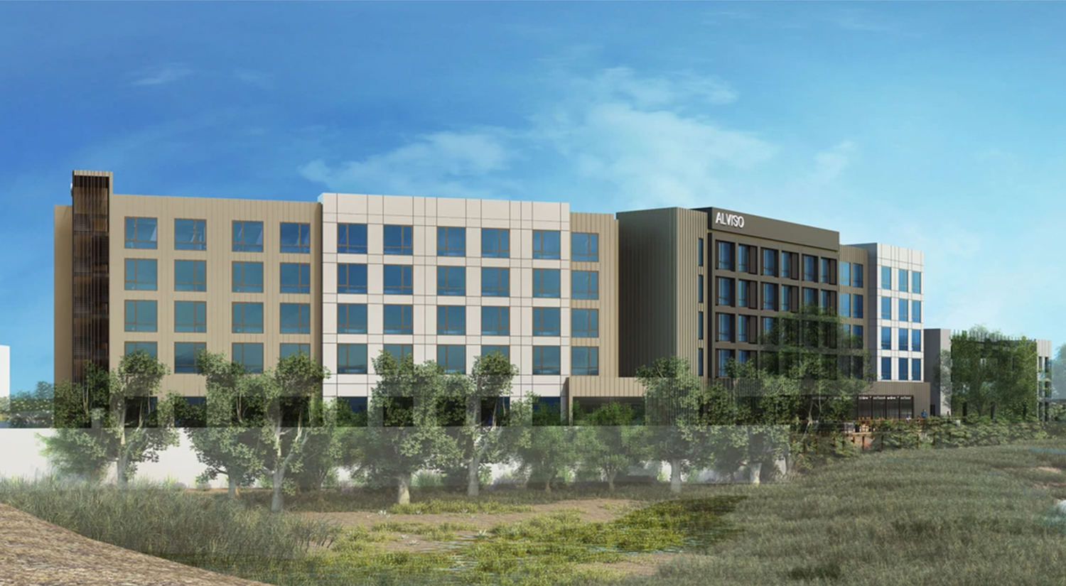 Alviso Hotel Project at 4701 North First Street view from Guadalupe River, rendering by CORBeL Architects